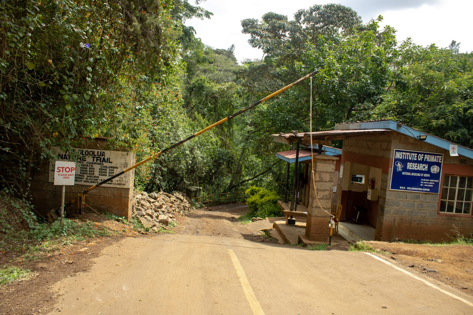 The Oloolua Nature Trail entrance gate and ticket office, signposted Institute of Primate Research